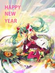  2012 aqua_eyes aqua_hair bad_id detached_sleeves dragon fan folding_fan grin hair_ribbon happy_new_year hatsune_miku highres japanese_clothes kimono lolita_fashion long_hair moegisuzuki new_year ribbon riding smile thigh-highs thighhighs twintails vocaloid wa_lolita zettai_ryouiki 