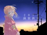  ahoge blonde_hair fate/stay_night fate_(series) floral_print green_eyes japanese_clothes kimono new_year power_lines saber solo sunset tafks 