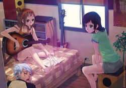  2girls acoustic_guitar bare_legs barefoot bed bedroom brown_hair computer facial_tattoo feet guitar headband instrument laptop long_hair multiple_girls music original plectrum sam_gelua short_hair short_shorts shorts sitting sleeping subwoofer tattoo white_hair 