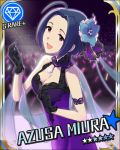  ahoge black_gloves blue_hair breasts center_opening character_name diamond dress flower gloves hair_flower hair_ornament idolmaster idolmaster_cinderella_girls jpeg_artifacts miura_azusa official_art pink_eyes short_hair smile solo star 