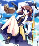  arm_up blue_eyes book brown_hair cloud feathers fingerless_gloves gloves hair_ornament highres legs lyrical_nanoha mahou_shoujo_lyrical_nanoha mahou_shoujo_lyrical_nanoha_a&#039;s mahou_shoujo_lyrical_nanoha_a's panties pantyshot raiou schwertkreuz short_hair sky smile staff tome_of_the_night_sky underwear wings yagami_hayate 