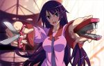  blue_eyes dual_wielding foreshortening long_hair monogatari_(series) nyoronyoro perspective purple_hair school_uniform scissors senjougahara_hitagi solo stapler 