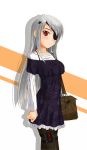  :&lt; alternate_costume bag black_legwear dress eyepatch grey_hair handbag highres infinite_stratos laura_bodewig long_hair midnight_(artist) pantyhose red_eyes silver_hair skirt solo 