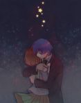  1girl blazer blue_hair brown_hair closed_eyes couple eyes_closed hands_on_another's_chest hug kichiko mawaru_penguindrum necktie night night_sky oginome_ringo school_uniform serafuku short_hair sky star star_(sky) starry_sky takakura_shouma 