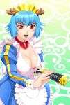  blue_hair breasts choker cleavage dorae_tachibana_doryayev female horns katana large_breasts maid open_mouth red_eyes sheath short_hair smile solo sword tsumanuda_fight_town ueyama_michirou unsheathing weapon 