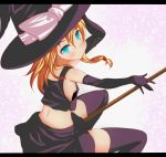  blonde_hair blue_eyes blush breasts broom elbow_gloves furagu gloves hat highres kirisame_marisa midriff purple_legwear riding sideboob skirt solo thigh-highs thighhighs touhou witch witch_hat zettai_ryouiki 