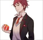  apple blazer border food fruit green_eyes holding holding_apple holding_fruit male mawaru_penguindrum necktie red_hair redhead school_uniform short_hair simple_background solo sukimame takakura_kanba vest 