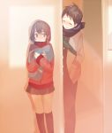  1girl around_corner bad_id bag blush brown_eyes brown_hair closed_eyes eyes_closed hand_in_pocket jacket object_hug open_door original pants pun2 scarf school_uniform short_hair skirt smile track_jacket 