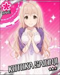  bracelet breasts brown_eyes character_name dress eyebrows flower hands_together idolmaster idolmaster_cinderella_girls jewelry jpeg_artifacts large_breasts long_hair necklace official_art pink_hair ribbon saionji_kotoka smile solo sparkle star wavy_hair 