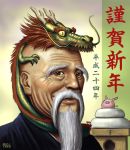  animal_on_head bald beard brown_eyes bust dated dragon eastern_dragon facial_hair horns japanese_clothes kagami_mochi looking_at_viewer male matataku minimized mustache new_year old_man original pig signature smile text wrinkled_skin yellow_eyes 