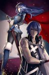  1boy 1girl ass black_legwear blue_eyes blue_hair boots eu03 fire_emblem fire_emblem:_kakusei gloves hand_on_hilt highres knee_boots krom long_hair lucina nintendo revision rough sheath sheathed shoulder_pads sleeveless striped sword tattoo uniform weapon 