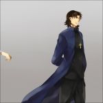  amakura_(am_as) brown_hair cross fate/stay_night fate/zero fate_(series) grey_background jewelry kotomine_kirei long_coat male necklace reaching solo 