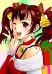  1girl bell blush breasts brown_eyes brown_hair bust choker christmas earrings erect_nipples fur_trim hair_bell hair_ornament jewelry ling_xiaoyu open_mouth panda santa_costume short_twintails solo tekken twintails wink 