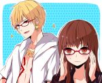  1boy 1girl bespectacled blonde_hair brown_eyes brown_hair fate/extra_ccc fate_(series) female_protagonist_(fate/extra) gilgamesh glasses hoodie long_hair necktie red-framed_glasses red_eyes sparkle tattoo umiusi 