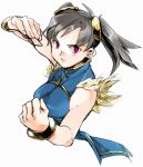  bangle bare_shoulders black_hair bracelet breasts bust china_dress chinese_clothes fighting_stance fur_trim jewelry ling_xiaoyu purple_eyes short_twintails solo tekken twintails violet_eyes 