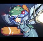  between_breasts blue_eyes blue_hair blush_stickers breasts bubble energy_beam erect_nipples gundam gundam_0080 hair_bobbles hair_ornament hat hygogg kawashiro_nitori key letterboxed mecha_musume navel open_mouth ruku_rx solo touhou twintails underwater 