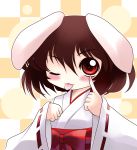 ;p akanbe animal_ears blush brown_hair bunny_ears checkered checkered_background highres inaba_tewi japanese_clothes miko red_eyes short_hair solo tongue touhou wink yume_shokunin 