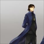  amakura_(am_as) brown_hair closed_eyes cross eyes_closed fate/stay_night fate/zero fate_(series) grey_background jewelry kotomine_kirei long_coat male necklace smile solo 