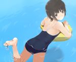  ass back barefoot black_eyes brown_hair feet innertube looking_at_viewer mitsukimi one-piece_swimsuit original short_hair solo swimming swimsuit toes water 