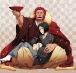  age_difference beard drunk facial_hair fate/stay_night fate/zero fate_(series) green_eyes green_hair japanese_clothes kimono male multiple_boys new_year red_eyes red_hair redhead rider_(fate/zero) size_difference waver_velvet yun_(neo) 