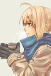  ahoge asayu black_gloves blonde_hair breath can coat fate/stay_night fate_(series) gloves green_eyes profile saber scarf solo 