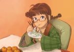  akizuki_ritsuko antenna_hair blue_eyes brown_hair chiaki_rakutarou eating food glasses idolmaster kotatsu mochi mouth_hold plate short_hair solo table wagashi 