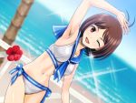  1girl antenna_hair armpits brown_eyes brown_hair character_request dutch_angle hidaka_ai idolmaster idolmaster_dearly_stars midriff muhi11234 navel ocean red_eyes sailor_collar sailor_swimsuit_(idolmaster) solo wink 