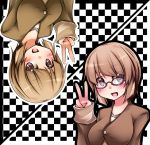  bad_id blush breasts brown_hair checkered checkered_background glasses large_breasts multiple_girls open_mouth original pako_(moto_paco) red_eyes rotational_symmetry short_hair v 