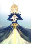  1girl ahoge blonde_hair dress excalibur fate/stay_night fate_(series) green_eyes hair_ribbon hand_on_hilt kaleidoscope731 planted_sword ribbon saber solo sword weapon 