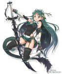  2012 bare_shoulders belt breasts cleavage_cutout copyright_request dragon_girl erect_nipples fingerless_gloves gloves green_eyes green_hair highleg highres kimura_tatsuki new_year simple_background solo sword tail thigh-highs thighhighs weapon 