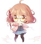  1girl ahoge black_legwear blood bob_cut cardigan chibi glasses kuriyama_mirai kyoukai_no_kanata moorina pantyhose pink_hair red-framed_glasses school_uniform serafuku short_hair skirt solo yellow_eyes 