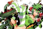  animal_costume bare_shoulders boots breasts claws cleavage dragon dragon_costume green_hair green_panties hand_on_knee open_clothes open_jacket original panties short_hair smile solo striped striped_legwear tail thigh-highs thighhighs underwear wink yellow_eyes yuuzii 