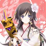  bellflower black_hair fan flower hagoita hair_flower hair_ornament japanese_clothes kimono mecha miyata_sou muvluv muvluv_alternative muvluv_total_eclipse new_year paddle purple_eyes solo takamura_yui total_eclipse type-00f_takemizakuchi violet_eyes 