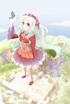  arm_up butterfly dress highres long_hair original puracotte red_eyes silver_hair solo 