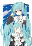  :3 :d ^_^ aqua_hair blue_eyes blush_stickers chibi_miku closed_eyes cloud detached_sleeves dog eyes_closed hamo_(dog) hand_on_head happy hatsune_miku holding long_hair multiple_girls necktie o_o open_mouth petting skirt sky smile soburi thigh-highs thighhighs twintails very_long_hair vocaloid young 
