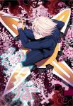  blonde_hair from_above ivan_karelin katana male ocu83 origami_cyclone power_suit purple_eyes short_hair shuriken solo superhero sword tiger_&amp;_bunny violet_eyes weapon 