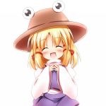  :d ^_^ baku_ph blonde_hair blush closed_eyes eyes_closed hair_ribbon hat looking_at_viewer moriya_suwako no_nose open_mouth payot ribbon short_hair simple_background skirt smile solo steepled_fingers touhou white_background wide_sleeves 