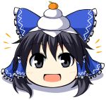  black_eyes black_hair blue bow food food_on_head fruit hair_bow hair_tubes hakurei_reimu kagami_mochi mochizuki_ado open_mouth orange player_2 shadow solo touhou yukkuri_shiteitte_ne 