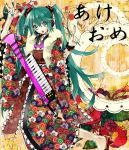  aqua_eyes aqua_hair hatsune_miku instrument japanese_clothes keytar kimono long_hair new_year open_mouth pointing solo twintails v very_long_hair vocaloid wonoco0916 