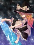  barefoot blonde_hair bow braid fai_(zigzagflamberge) frills hair_bow hat kirisame_marisa long_hair sanuki_(zigzagflamberge) sky smile solo star star_(sky) starry_sky surfboard surfing touhou witch witch_hat yellow_eyes 