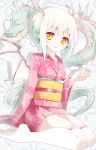  blush dragon_girl dragon_wings highres horns japanese_clothes kimono looking_at_viewer no_shoes obi oouso_(usotsukiya) original payot short_hair smile solo thigh-highs thighhighs usotsukiya white_hair white_legwear wings yellow_eyes 