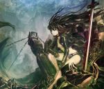 black_hair black_rock_shooter black_rock_shooter_(character) blue_eyes boots chain chains coat highres k2pudding long_hair navel shorts solo sword twintails weapon 