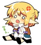  anger_vein arm_warmers bad_id blonde_hair blush chibi fang matatabi_maru mizuhashi_parsee o_o open_mouth pointy_ears ponytail scarf shirt short_hair sitting skirt solo touhou translated translation_request v_arms 
