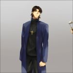  amakura_(am_as) brown_hair cross fate/stay_night fate/zero fate_(series) grey_background jewelry kotomine_kirei long_coat male necklace 