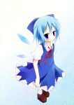  1girl blue_eyes blue_hair cirno from_above hair_ribbon ice_wings ichihina ribbon solo touhou wings 