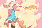  1girl arcanine artist_request bow brown_hair cabbie_hat hat hat_bow hat_ribbon holding holding_poke_ball kotone_(pokemon) looking_at_viewer lowres poke_ball pokemon pokemon_(creature) pokemon_(game) pokemon_gsc pokemon_hgss pokemon_trainer red_eyes red_ribbon ribbon solo thigh-highs thighhighs twintails 