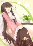 1girl black_hair blush brown_eyes bunny couch efe floral_print head_out_of_frame houraisan_kaguya long_hair long_skirt open_mouth pants plant potted_plant rabbit shirt sitting sitting_on_lap sitting_on_person skirt solo star touhou very_long_hair 