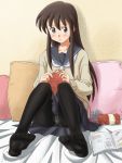  black_hair black_legwear blue_eyes copyright_request feet knitting lielos long_hair magazine panties panties_under_pantyhose pantyhose pantyshot pantyshot_(sitting) pantyshot_sitting payot pillow school_uniform sitting sweater underwear 