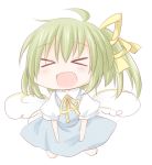  &gt;_&lt; :d ahoge bad_id chibi closed_eyes daitirumoesu daiyousei eyes_closed fairy_wings green_hair hair_ribbon open_mouth ribbon short_hair side_ponytail simple_background smile solo touhou white_background wings xd 