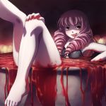  barefoot bathing bikini bikini_top black_bikini blood breasts drill_hair duplicate feet halloween kamifish katawa_shoujo legs licking_lips mikado_shiina pink_hair solo swimsuit tongue tongue_out yellow_eyes 